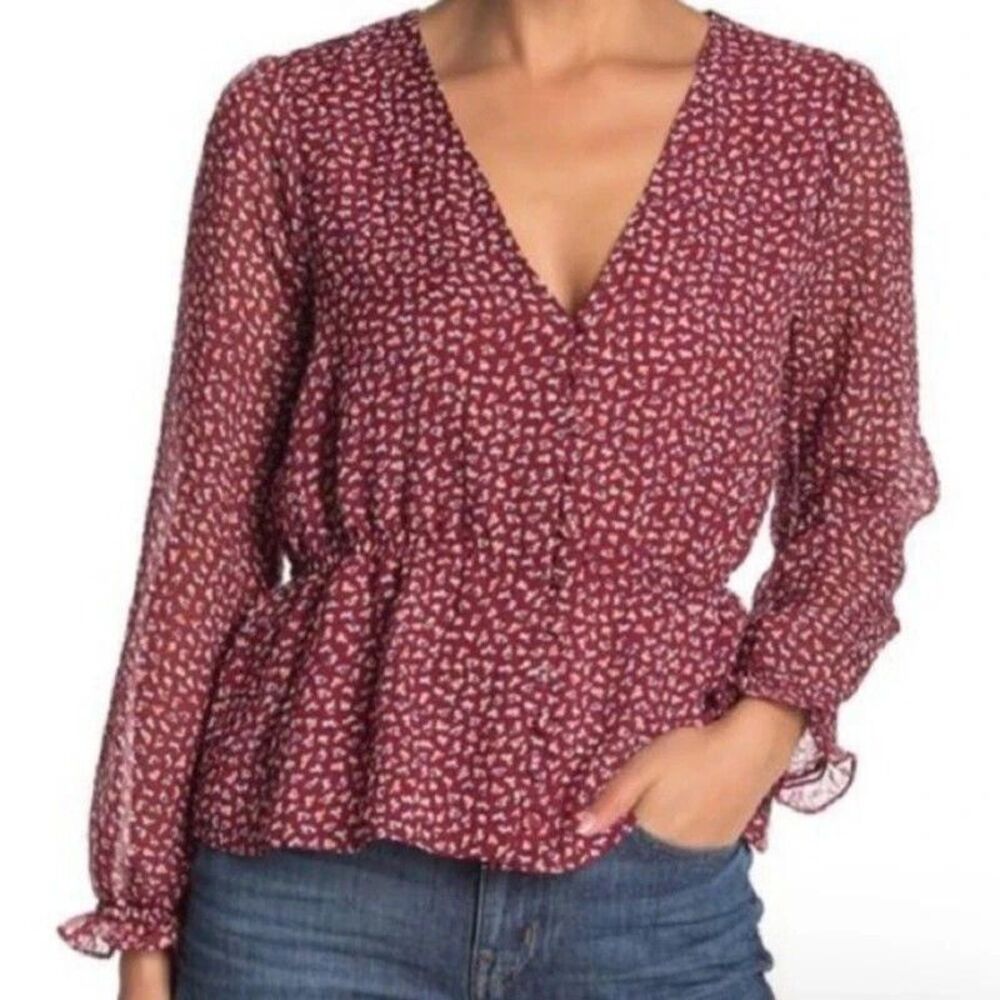 Madewell Overture Top Womens Size 2X Maroon Ditsy Floral Ruffle Sleeve Blouse